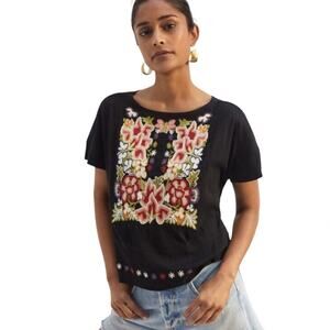 Anthropologie x Tiny Vibrantly Embroidered Black Tee, Festival, Bohemian, S